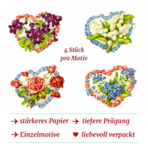 Dresdner Pappen Glanzbilder Blumenherzen 16er Set geprägt